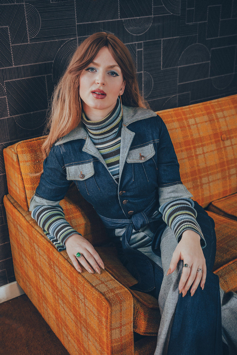 Funky Diva Jumpsuit - 2 Tone - Soul Sister since 1969 - stretch denim jumpsuit with a bold 70's inspired design, featuring a retro inspired silhouette and statement making style.