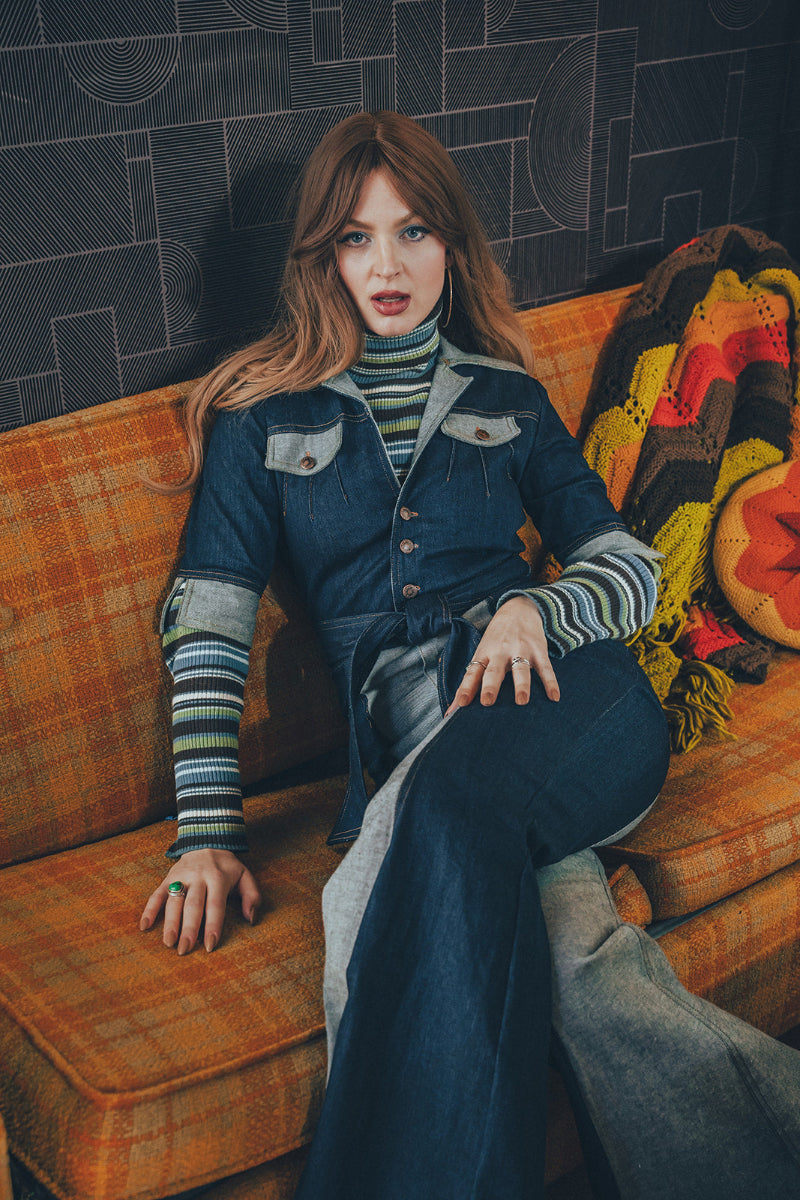 Funky Diva Jumpsuit - 2 Tone - Soul Sister since 1969 - stretch denim jumpsuit with a bold 70's inspired design, featuring a retro inspired silhouette and statement making style.