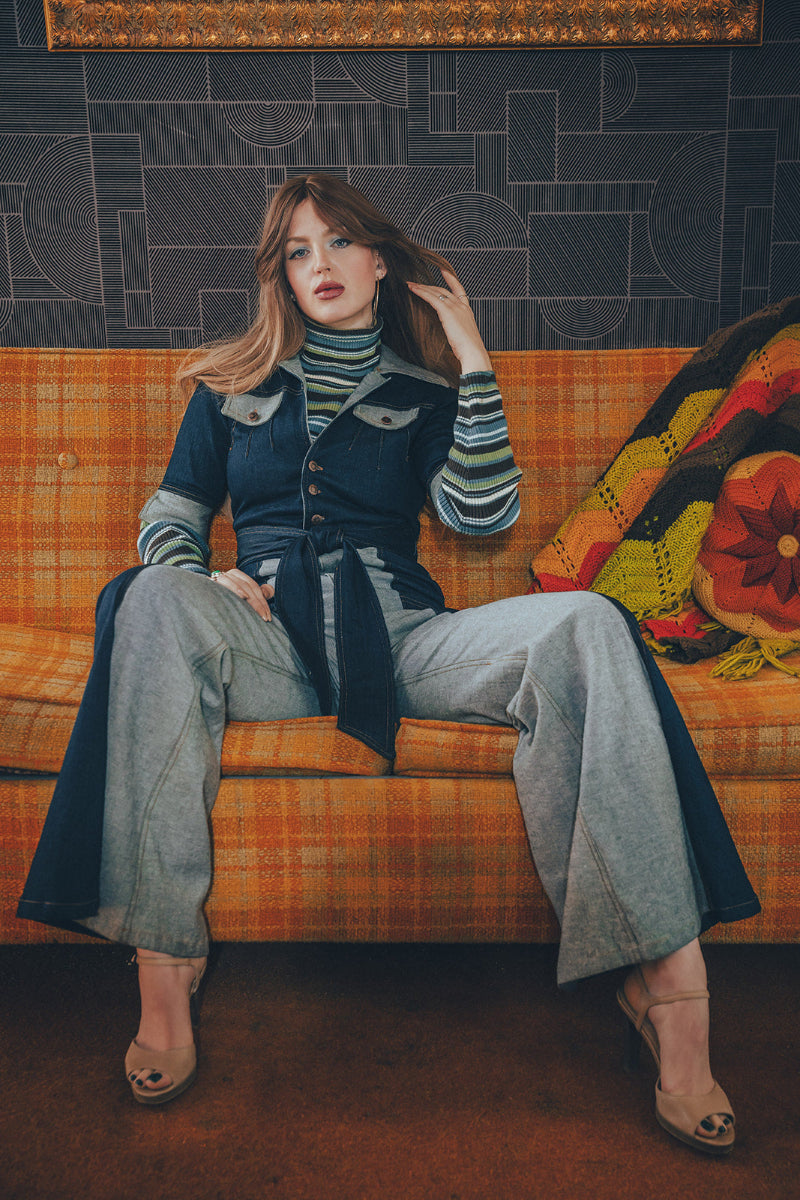 Funky Diva Jumpsuit - 2 Tone - Soul Sister since 1969 - stretch denim jumpsuit with a bold 70's inspired design, featuring a retro inspired silhouette and statement making style.