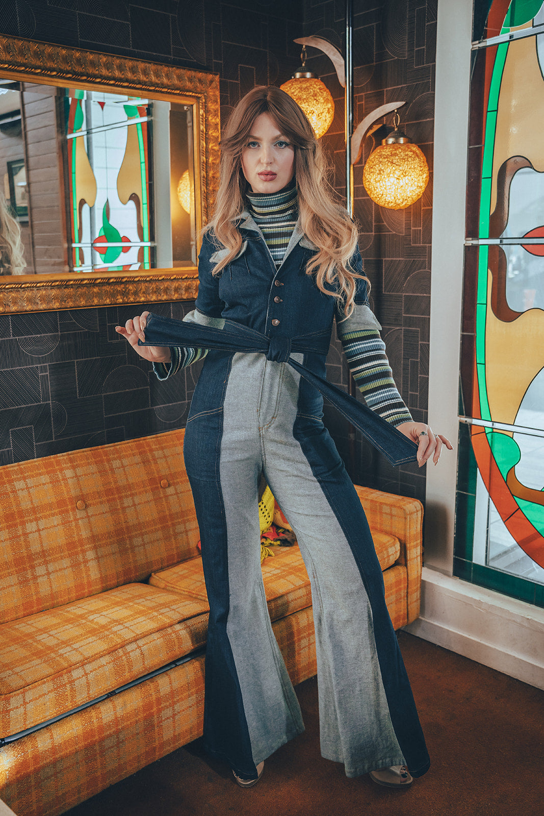 Funky Diva Jumpsuit - 2 Tone - Soul Sister since 1969 - stretch denim jumpsuit with a bold 70's inspired design, featuring a retro inspired silhouette and statement making style.
