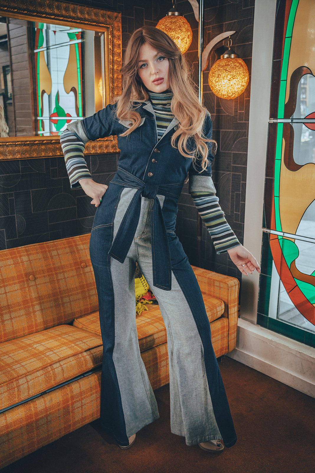Funky Diva Jumpsuit - 2 Tone - Soul Sister since 1969 - stretch denim jumpsuit with a bold 70's inspired design, featuring a retro inspired silhouette and statement making style.