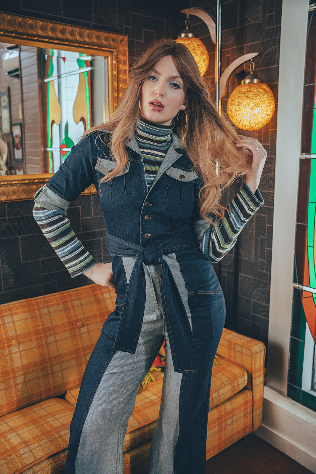 Funky Diva Jumpsuit - 2 Tone - Soul Sister since 1969 - stretch denim jumpsuit with a bold 70's inspired design, featuring a retro inspired silhouette and statement making style.