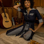 Funky Diva Jumpsuit - 2 Tone - Soul Sister since 1969 - stretch denim jumpsuit with a bold 70's inspired design, featuring a retro inspired silhouette and statement making style.
