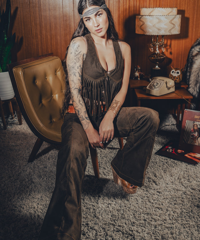 Janice Fringed Vegan Leather waistcoat - Chocolate brown - Soul Sister since 1969
