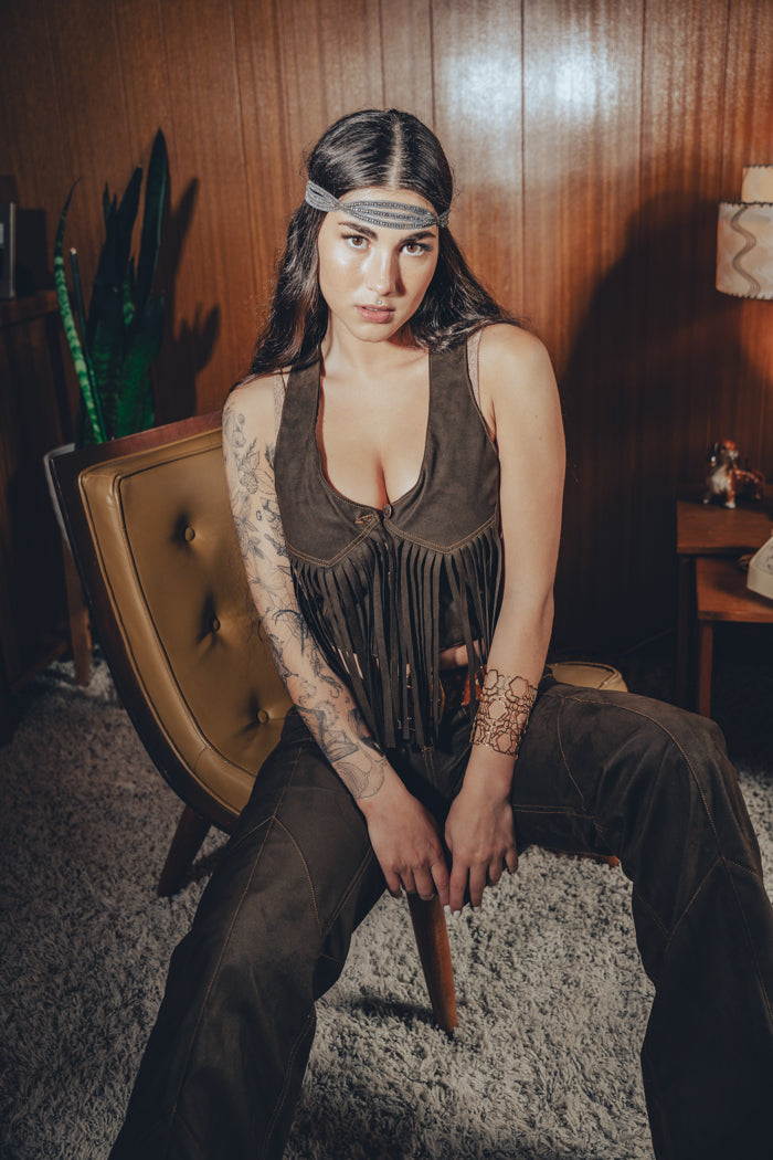 Janice Fringed Vegan Leather waistcoat - Chocolate brown - Soul Sister since 1969