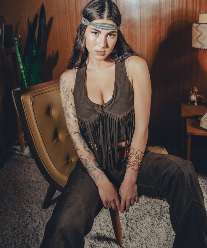 Janice Fringed Vegan Leather waistcoat - Chocolate brown - Soul Sister since 1969