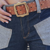 Janice patchwork denim bell bottom jeans in navy, side angle showing the flare