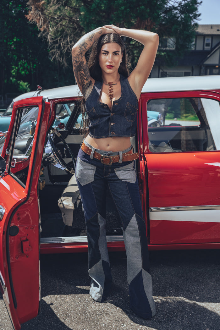 1970s-inspired patchwork denim bell bottom jeans by Soul Sister since 1969