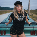 Retro women's black Ride or Die T shirt with short cap sleeves by Soul Sister Since 1969