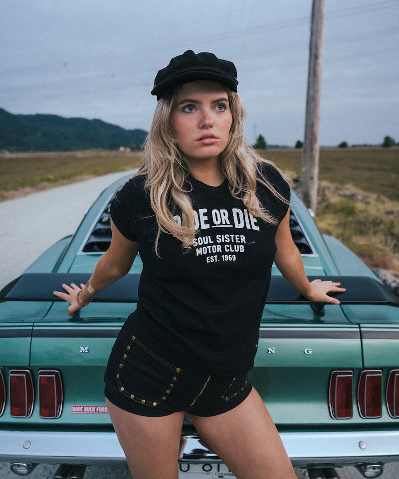 Retro women's black Ride or Die T shirt with short cap sleeves by Soul Sister Since 1969