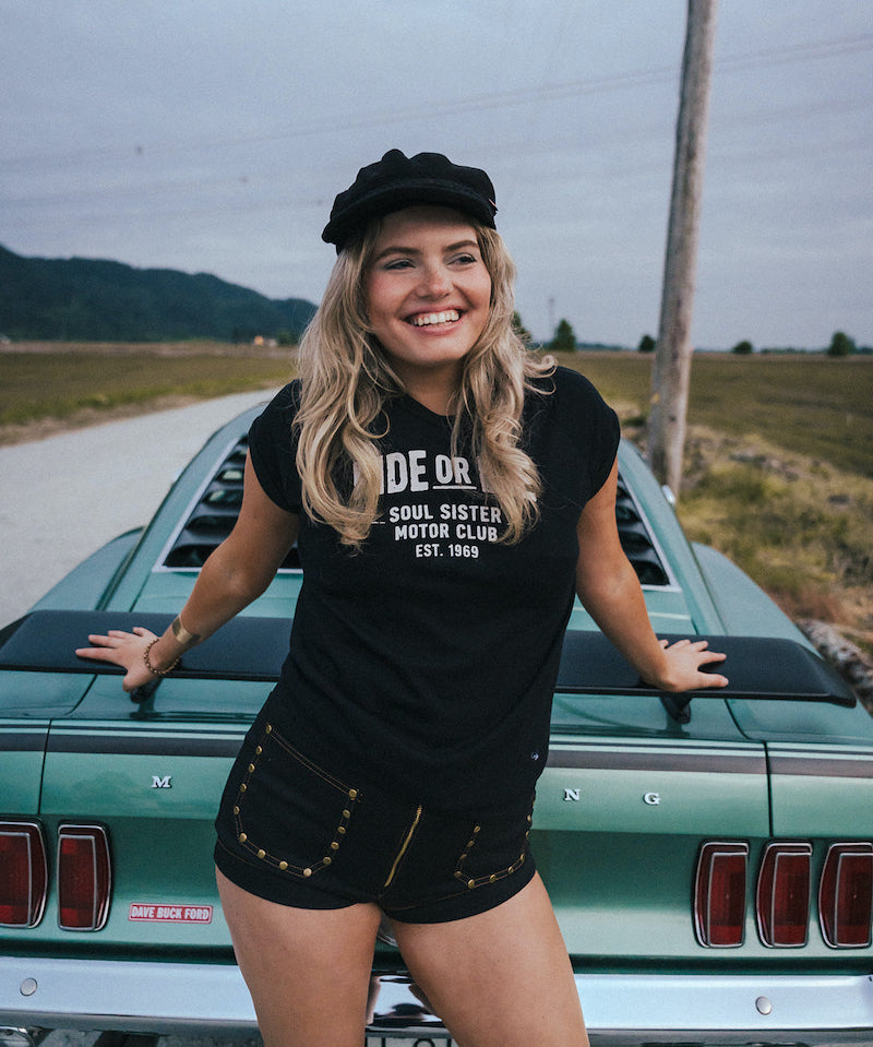 Women's black Ride or Die graphic tee by Soul Sister Since 1969 with retro 70s style