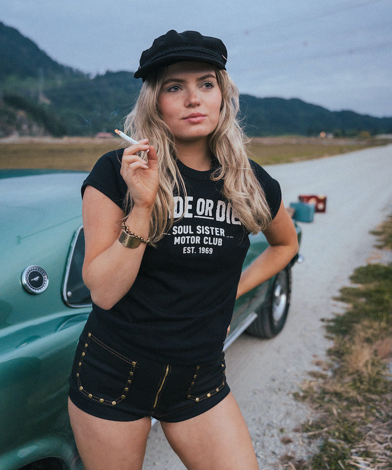 Soul Sister Since 1969 women's black cotton graphic T shirt with Ride or Die slogan