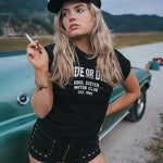 Black cap sleeve graphic T shirt for women by Soul Sister Since 1969