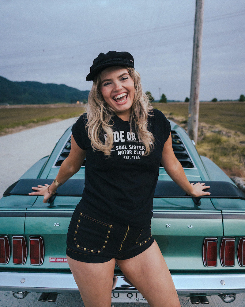 Soul Sister Since 1969 black Ride or Die graphic T shirt in cotton with cap sleeves
