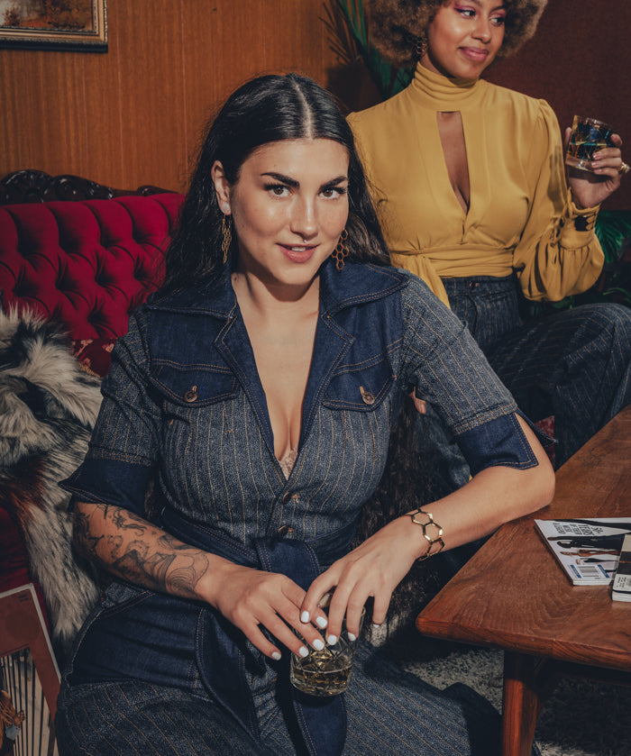Simone Pinstripe Jumpsuit -Navy & Gold - Soul Sister since 1969