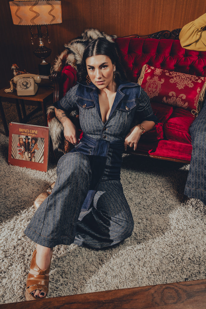 Simone Pinstripe Jumpsuit -Navy & Gold - Soul Sister since 1969