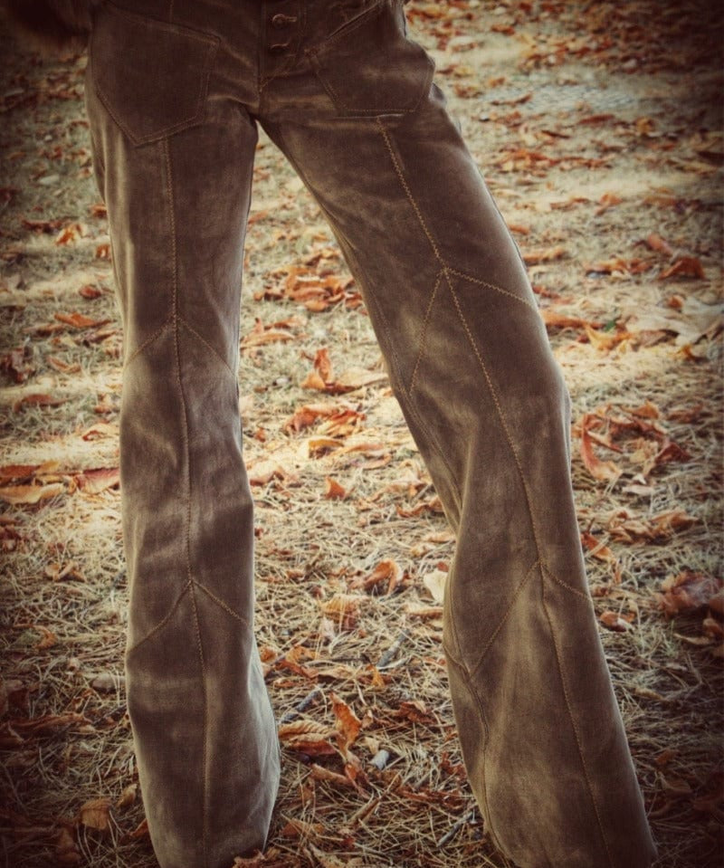 Janice patchwork hipster bellbottom jeans Brown Faux suede 