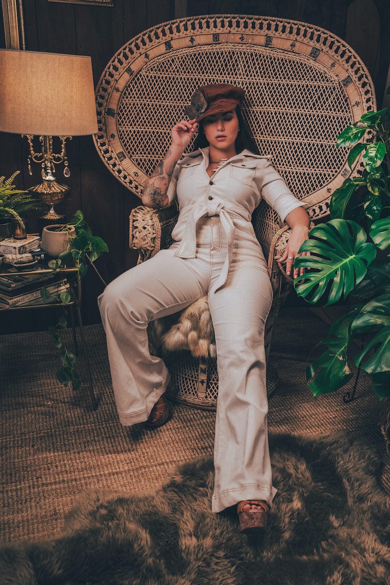 Soul Sister since '69 - Diva stretch cream corduroy high waisted   bell bottom 70's style jumpsuit 