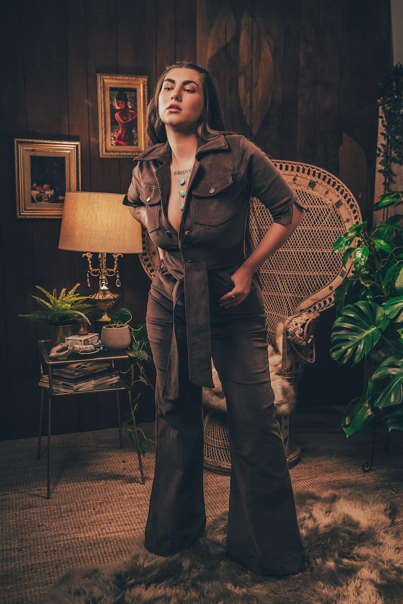 Stretch corduroy dark Chocolate brown Diva jumpsuit with dramatic bell bottoms  designed for chic, sexy retro 70's inspired  silhouette