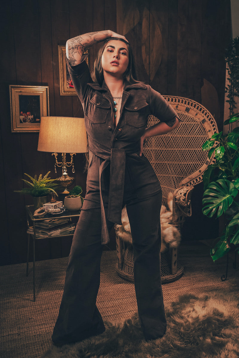 Stretch corduroy dark Chocolate brown Diva jumpsuit with dramatic bell bottoms  designed for chic, sexy retro 70's inspired  silhouette
