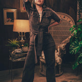 Stretch corduroy dark Chocolate brown Diva jumpsuit with dramatic bell bottoms  designed for chic, sexy retro 70's inspired  silhouette