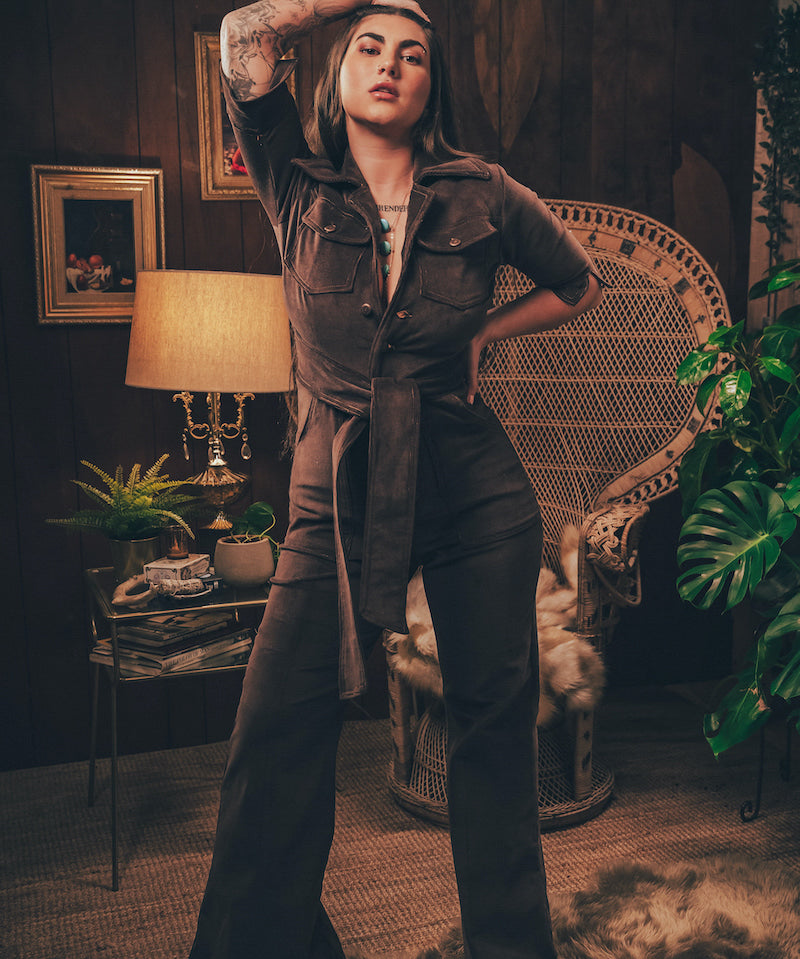Stretch corduroy dark Chocolate brown Diva jumpsuit with dramatic bell bottoms  designed for chic, sexy retro 70's inspired  silhouette