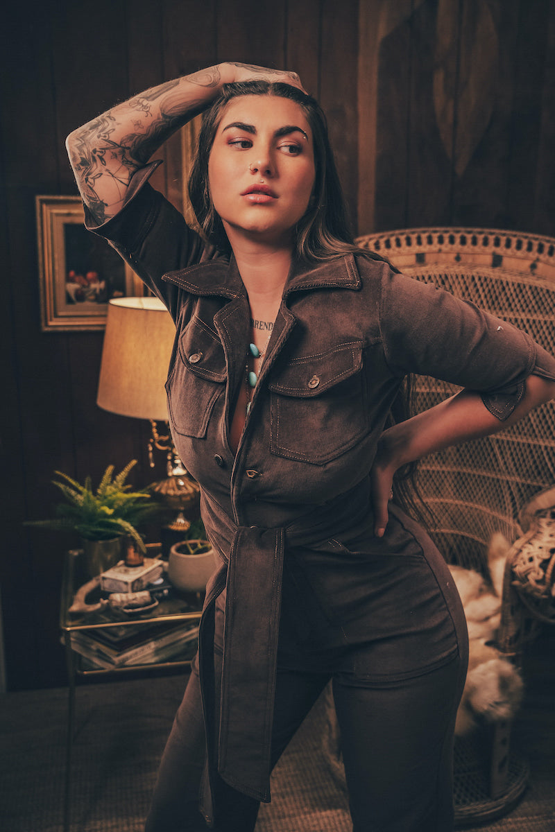 Stretch corduroy dark Chocolate brown Diva jumpsuit with dramatic bell bottoms  designed for chic, sexy retro 70's inspired  silhouette