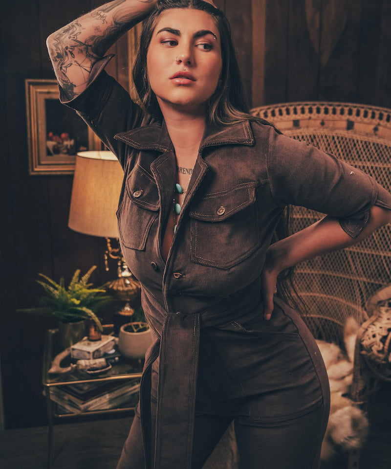 Stretch corduroy dark Chocolate brown Diva jumpsuit with dramatic bell bottoms  designed for chic, sexy retro 70's inspired  silhouette