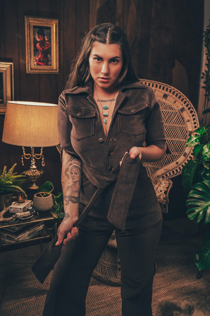 Stretch corduroy dark Chocolate brown Diva jumpsuit with dramatic bell bottoms  designed for chic, sexy retro 70's inspired  silhouette
