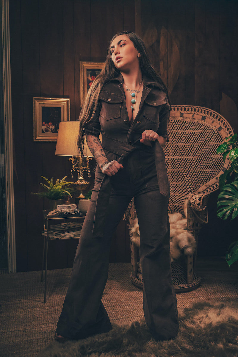 Stretch corduroy dark Chocolate brown Diva jumpsuit with dramatic bell bottoms  designed for chic, sexy retro 70's inspired  silhouette