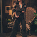 Stretch corduroy dark Chocolate brown Diva jumpsuit with dramatic bell bottoms  designed for chic, sexy retro 70's inspired  silhouette