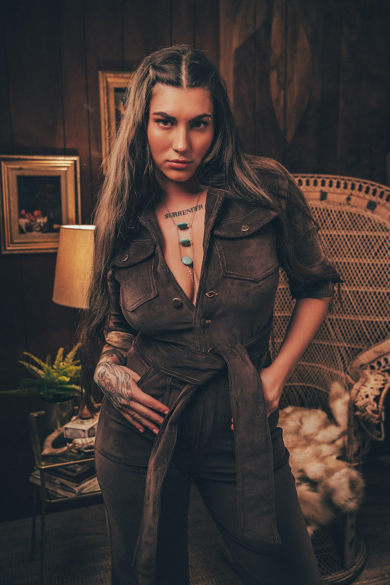 Stretch corduroy dark Chocolate brown Diva jumpsuit with dramatic bell bottoms  designed for chic, sexy retro 70's inspired  silhouette