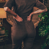 Stretch corduroy dark Chocolate brown Diva jumpsuit with dramatic bell bottoms  designed for chic, sexy retro 70's inspired  silhouette