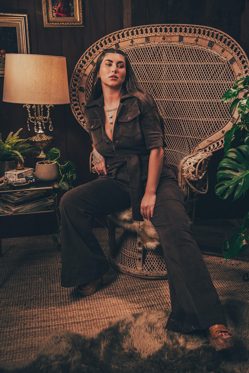 Stretch corduroy dark Chocolate brown Diva jumpsuit with dramatic bell bottoms  designed for chic, sexy retro 70's inspired  silhouette