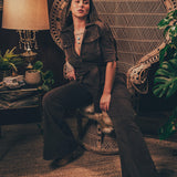 Stretch corduroy dark Chocolate brown Diva jumpsuit with dramatic bell bottoms  designed for chic, sexy retro 70's inspired  silhouette
