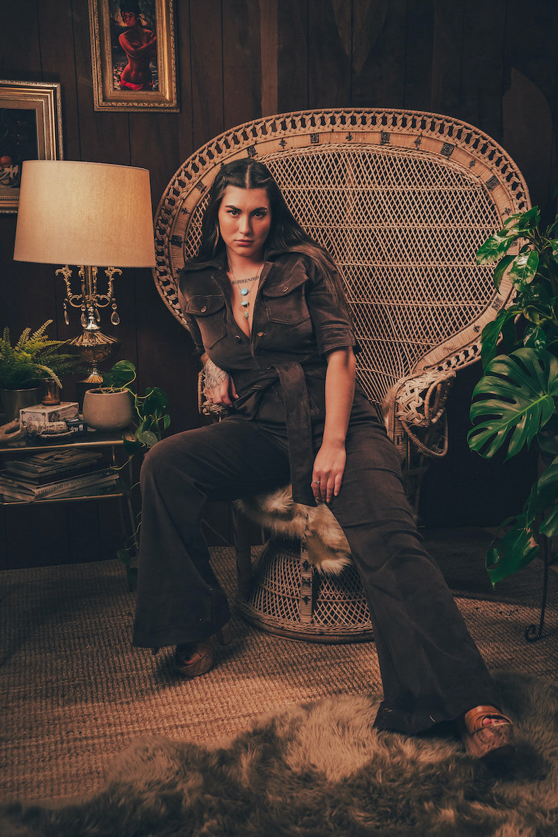 Stretch corduroy dark Chocolate brown Diva jumpsuit with dramatic bell bottoms  designed for chic, sexy retro 70's inspired  silhouette