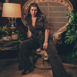 Stretch corduroy dark Chocolate brown Diva jumpsuit with dramatic bell bottoms  designed for chic, sexy retro 70's inspired  silhouette