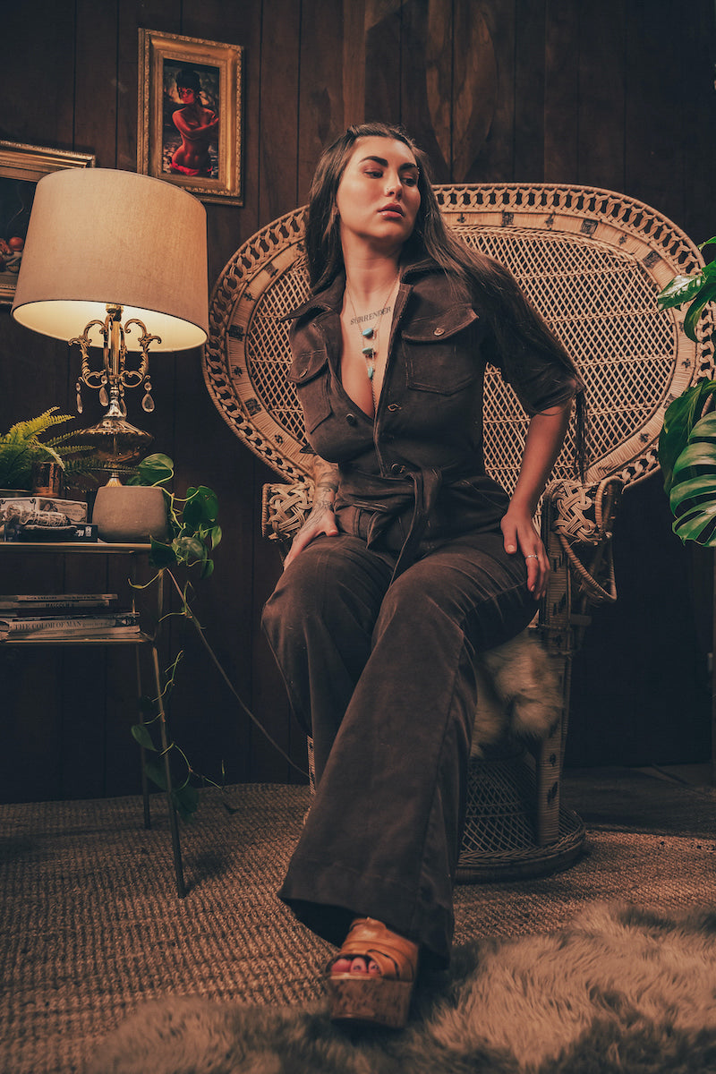 Stretch corduroy dark Chocolate brown Diva jumpsuit with dramatic bell bottoms  designed for chic, sexy retro 70's inspired  silhouette