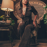 Stretch corduroy dark Chocolate brown Diva jumpsuit with dramatic bell bottoms  designed for chic, sexy retro 70's inspired  silhouette