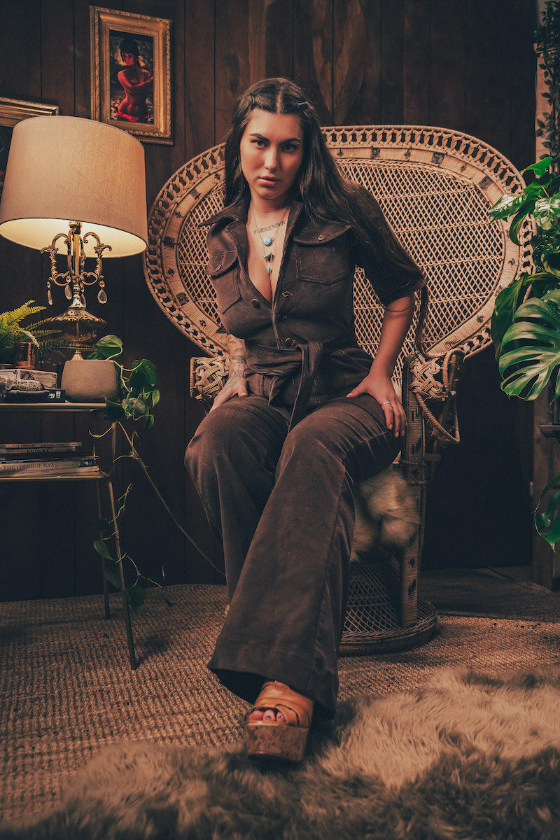 Stretch corduroy dark Chocolate brown Diva jumpsuit with dramatic bell bottoms  designed for chic, sexy retro 70's inspired  silhouette