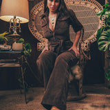 Stretch corduroy dark Chocolate brown Diva jumpsuit with dramatic bell bottoms  designed for chic, sexy retro 70's inspired  silhouette