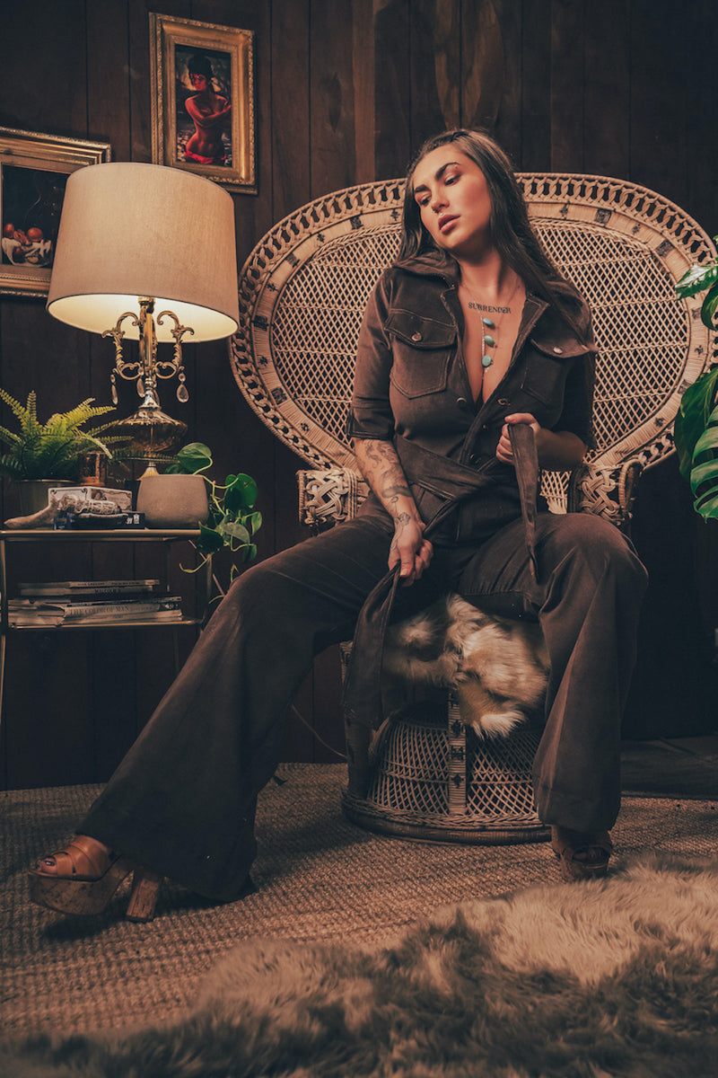 Stretch corduroy dark Chocolate brown Diva jumpsuit with dramatic bell bottoms  designed for chic, sexy retro 70's inspired  silhouette