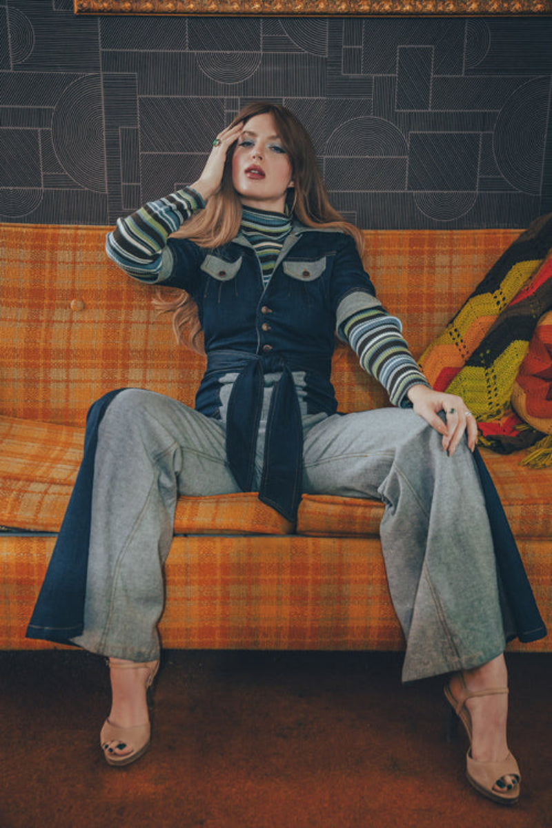 Funky Diva Jumpsuit - 2 Tone - Soul Sister since 1969 - stretch denim jumpsuit with a bold 70's inspired design, featuring a retro inspired silhouette and statement making style.