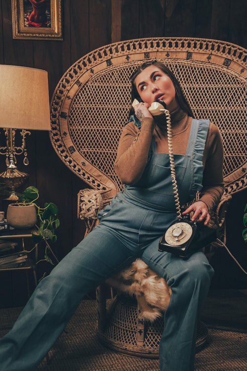 soul sister since 1969 - Cute funky feminine stretch denim Overalls with frill detail - 70's retro