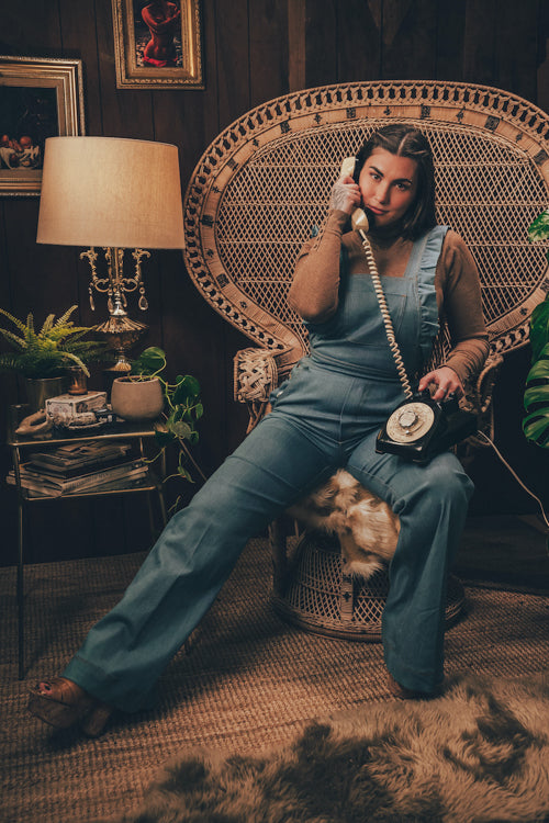 soul sister since 1969 - Cute funky feminine stretch denim Overalls with frill detail - 70's retro
