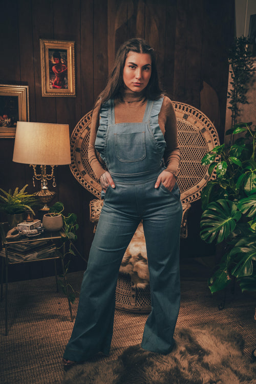 soul sister since 1969 - Cute funky feminine stretch denim Overalls with frill detail - 70's retro