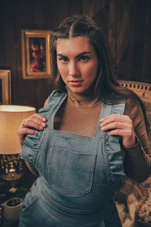 soul sister since 1969 - Cute funky feminine stretch denim Overalls with frill detail - 70's retro