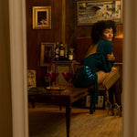 Soul Sister since 1969- Mary Gold Peek backless peek boo blouse teal with wrap detail, turtle neck, and long tulip sleeves, a sophisticated and sexy 70's inspired statement piece