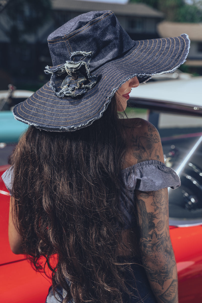 back of a model wearing Soulful Hippie sun hat Navy denim - Soul Sister since 1969