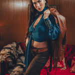 Soul Sister since 1969- Mary Gold Peek backless peek boo blouse teal with wrap detail, turtle neck, and long tulip sleeves, a sophisticated and sexy 70's inspired statement piece